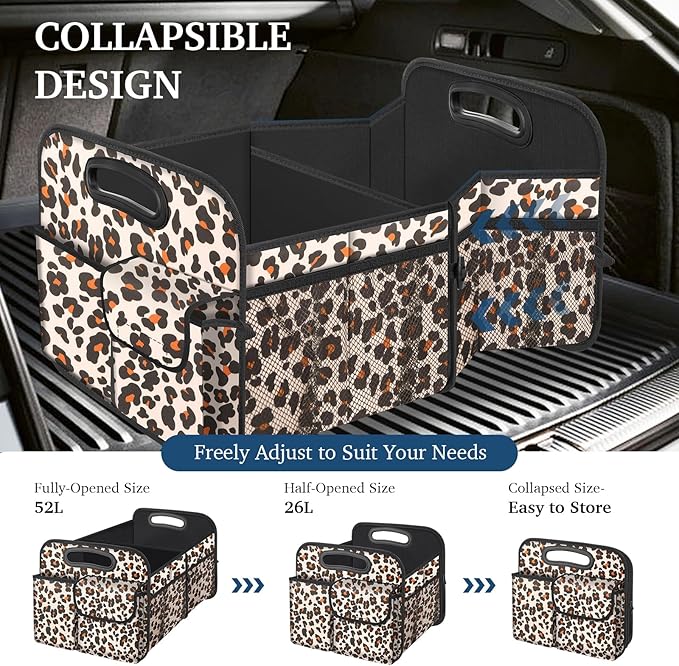 Femuar Car Trunk Organizer, Trunk Storage Organizer with Large Capacity Waterproof Collapsible Trunk Organizer for Car Suv/Jeep/Sedan (Leopard Print, Standard)