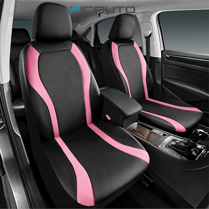 PIC AUTO Leather Car Seat Covers, Premium Automotive Waterproof Front & Rear Full Set Bucket Car Seat Protectors, Black and Pink PVC Patchwork, Fits for Cars, Trucks, Van, SUV, Airbag Compatible
