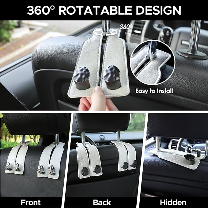 4 PCS Leather Car Seat Hooks for Headrest, Vehicle Hanger Storage Organizer Universal for Handbag Purse, Car Accessories Gift (White-Black-4 PCS)