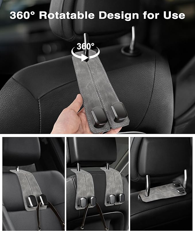 Car Purse Holder - Luxurious Leather, 4PCS Headrest Hooks with 100% Metal Hangers for Seat, Multifunctional Car Bag Hooks, Grey