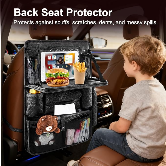 Car Backseat Organizers 2-Pack with Foldable Tray - PU Leather Back Seat Car Organizers with 11 Storage Pockets, Tablet Holders, Kick Mats Protectors for Kids Family Travel Essentials (Black)