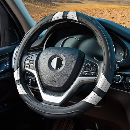 Achiou White Car Steering Wheel Cover Universal 15 inch with Grip Contours, Leather Auto for Men and Women Non-Slip Breathable Soft and Comfortable