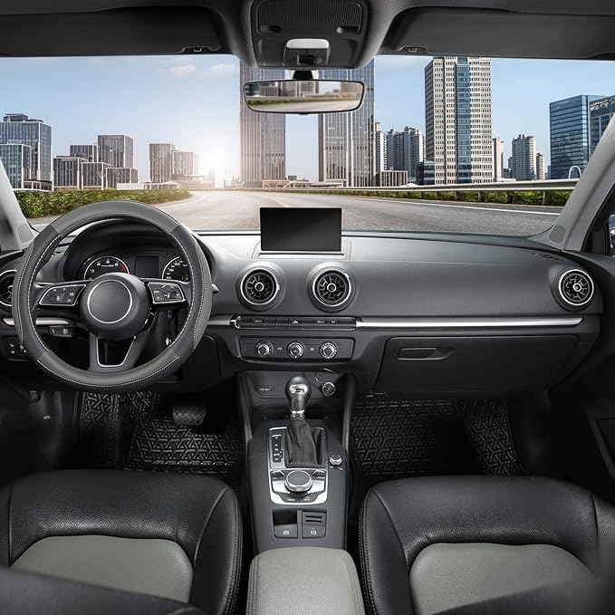 SEG Direct Car Steering Wheel Cover for Prius Civic Model 3 Model Y Camaro, Small Size 14-14.25 inch, Black and Gray Microfiber Leather