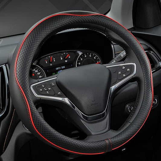 West Llama Microfiber Leather Car Steering Wheel Cover for Chevy Silverado,Tahoe,Equinox,Traverse,Trailblazer,Colorado (Black+Red Line - Standard Size)
