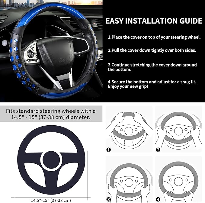 PU Leather Car Steering Wheel Cover with Anti-Slip Grip, for Women and Men, Universal Fit for 14.5-15 Inch Cars, Trucks, SUVs (Blue (Round), Medium(Standard) Size[14 1/2''-15''])