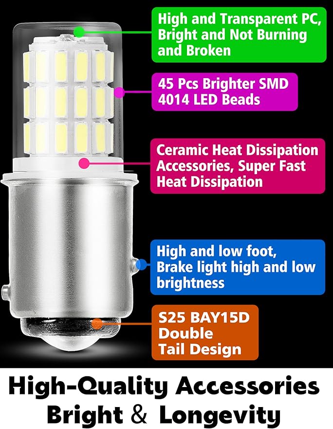 Super Bright 1157 BAY15D LED Bulbs, 3w 2357 2057 7528 LED Brake Light Bulb, 6000k Daylight White 350LM BAY15D Bulb for RV Car Camper Trailer Back Up Reverse Turn Signal Lights, 2PCS