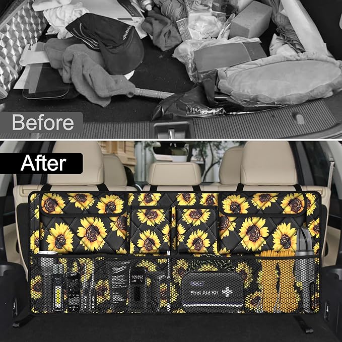 Femuar Car Trunk Organizer,Large Capacity Backseat Organizer(42 in*18 in),Collapsible Storage Bag with 8 Pocekt,Car Organizer for SUV/MPV/Truck - Sunflower TLAG-0114