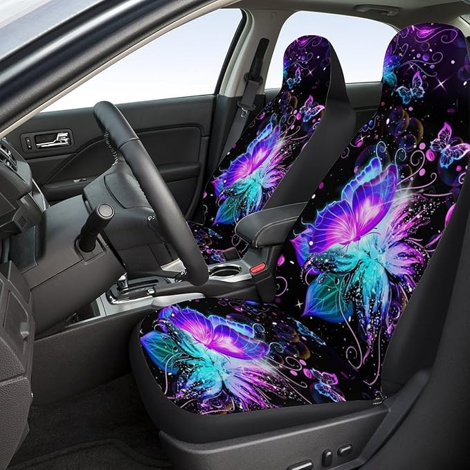 2 Pcs Premium Purple Butterflies Car Seat Cover, Breathable & Washable Car Seat Covers Full Sets, Fashionable Printed Seat Covers for Cars Interior, Universal Fit for Most Cars