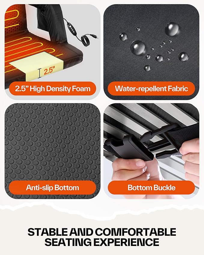 Sportneer Heated Stadium Seats with Back Support: 6 Adjustable Angles Extra Wide Bleacher Seat with Dual Heating Zones - 2.5" Padded Stadium Seats for Sports Outdoors, 2 Pack