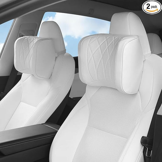 Car Headrest Leather Memory Foam Neck Pillow for Driving with Leather Soft Comfortable Seat Head Pillow Cushion / Car Neck Pillow SUV Sedan Relieving Neck Stiffness Seat Neck Support Pillow White 2PC