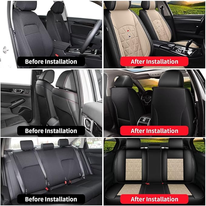 Seat Covers Full Set Fit for Kia Soul 2010-2023 2024 2025 Car Seat Covers Waterproof Leather Seat Cushion with Airbag Compatible (5 Seats, Black & Beige)