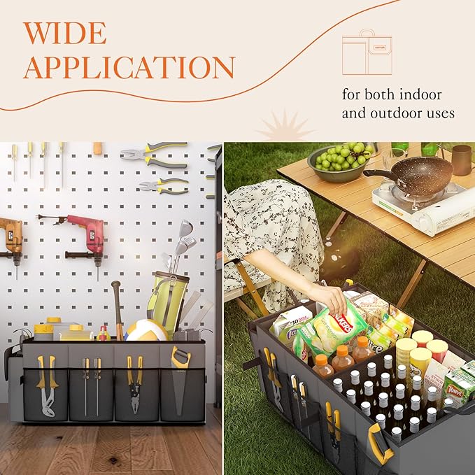 HOTOR Foldable Trunk Organizer - 2-Compartment 21.3"×12.6"×10.6" Grey SUV & Sedan Organizer for Accessories, Tools and Sundries