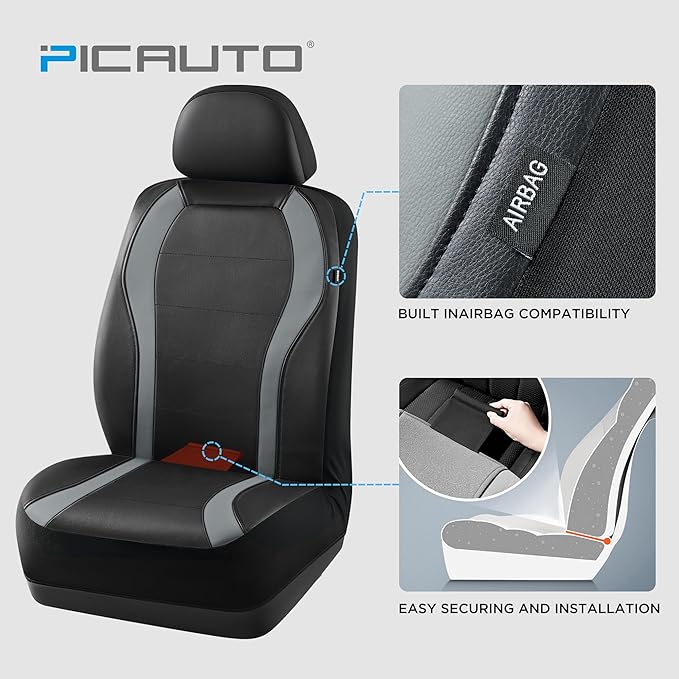 PIC AUTO Leather Car Seat Covers, Premium Automotive Waterproof Two Front Bucket Seat Protectors, Black and Gray PVC Patchwork, Fits Cars, Trucks, Vans, SUVs, Airbag Compatible