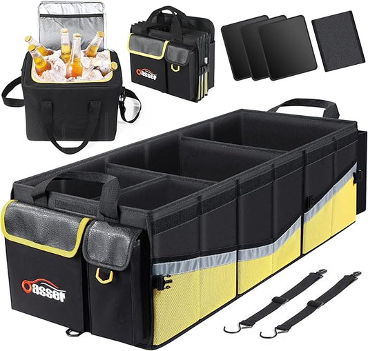 Oasser Trunk Organizer with Cooler Bag 95L, Bearing 110lb No Deformation, Collapsible with Multi Compartments, Removable Insulated Bag, Lid, Non Slip Bottom, 2 Adjustable Straps (Black&Yellow)