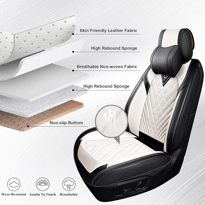 Front Set Car Seat Covers for Ford F-150 F-250 F-350 XL XLT STX Lariat King Ranch Platinum Raptor Waterproof Seat Covers 2009-2025, Anti-Slip Seat Protectors(Luxury 2 Seats/Black White)