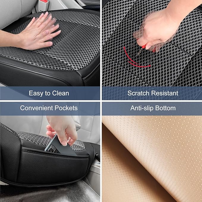 2 Pack Black Ventilated Cool Bottom Car Seat Cover, 3D Air Mesh Breathable Front Leather Car Seat Protectors, Universal Fit Automotive Comfortable Seat Cushion with Storage Pocket for Car Truck SUV