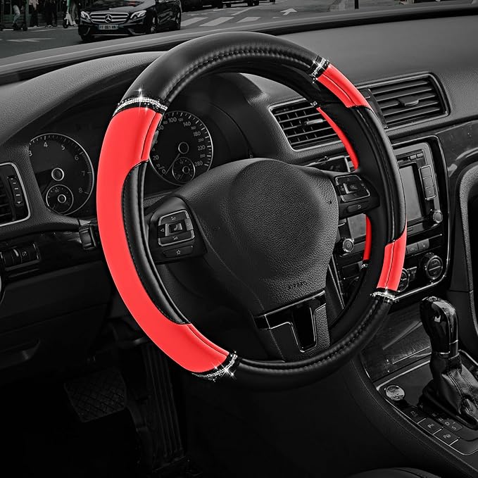 Road Comforts Leather Steering Wheel Cover - Made with PVC Leather - Anti-Slip, Universal Fit 14 1/2 inches to 15 inches - Red