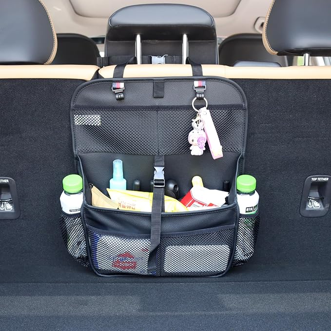 Hanging Car Trunk Organizer and Storage, Premium Faux Leather Large Capacity Storage Accessories, Backseat Car Organizer for SUV/MPV/Truck (1, Black)