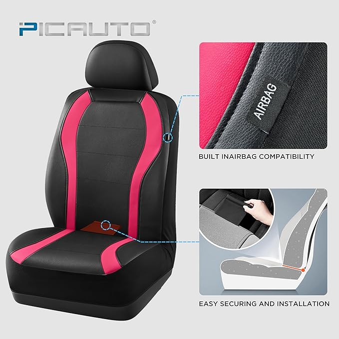 PIC AUTO Leather Car Seat Covers, Premium Automotive Waterproof Two Front Bucket Car Seat Protectors, Black and Hot Pink PVC Patchwork, Fits for Cars, Trucks, Van, SUV, Airbag Compatible
