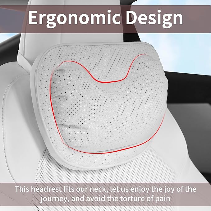 Car Neck Pillow [No More Pressure] Soft Comfortable Premium Leather Headrest with Adjustable Strap – Ergonomic Support for Driving, Office & Gaming, White, 1 Pack