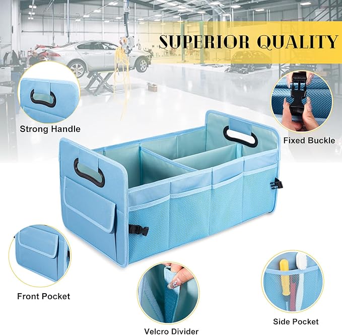 JiatuA Car Trunk Organizer, Car Organizers and Storage Collapsible Multi Compartment Container Box, Adjustable Car Accessories for SUV Sedan Truck, Standard Size, Light Blue