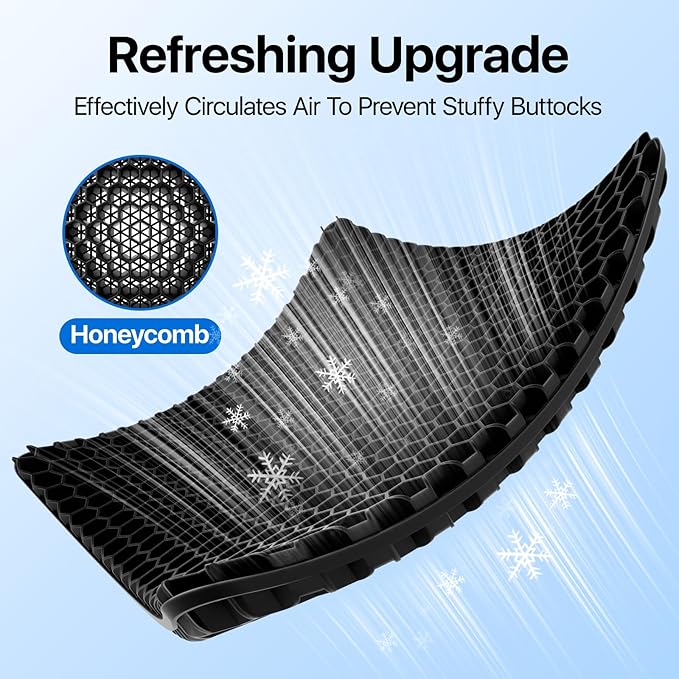 Gel Seat Cushion, Cooling Thick Big Breathable Honeycomb Design Absorbs Pressure Points Seat Cushion with Non-Slip Cover for Office Chair Home Cars Wheelchair