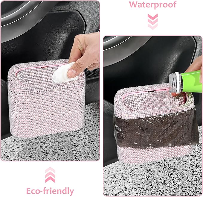 Accmor Bling Car Trash Can with Lid, Leakproof Mini Vehicle Trash Bin Automotive Dustbin Organizer Storage, Sparkling Crystal Rhinestone Trash Bag Container with 30pcs Garbage Bags Car Accessories