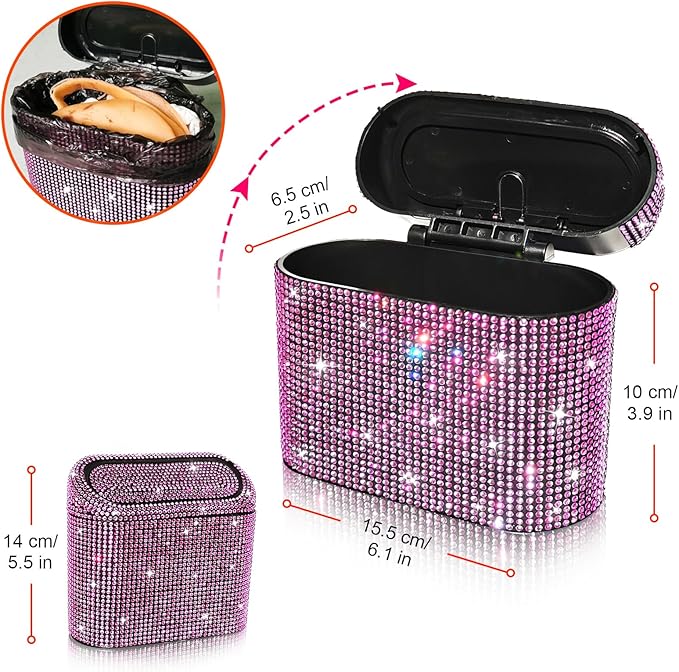 Accmor Bling Car Trash Can with Lid, Vehicle Trash Bin Car Dustbin Garbage Organizer Storage, Sparkling Crystal Mini Auto Trash Bags Holder Container with 30pcs Garbage Bags for Cars, SUV, Truck