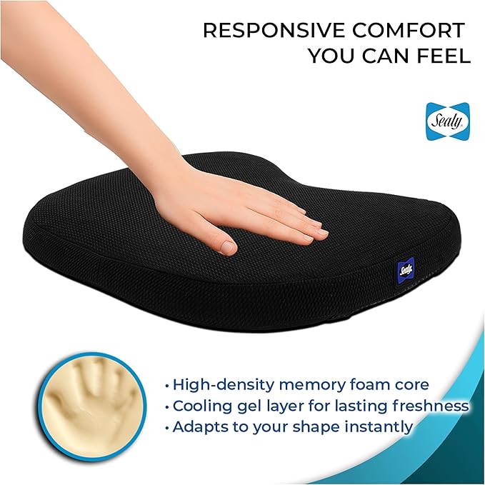 Sealy Memory Foam Car Seat Cushion – Gel Seat Cushions for Office Chairs, Tailbone Pain Relief Cushion, Cooling Pillow, Slim Fit Car Seat