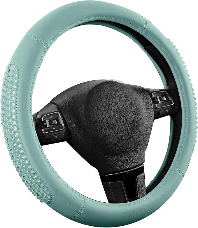 PIC AUTO Steering Wheel Cover, Glitter Gel Particles & Mint Luxury Leather Car Steering Cover, Universal Fit 14.5"-15.5" Anti-Slip Car Wheels Cover for Girls & Women