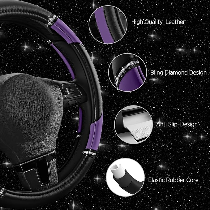 Road Comforts Leather Steering Wheel Cover - Made with PVC Leather - Anti-Slip, Universal Fit 14 1/2 inches to 15 inches - Purple