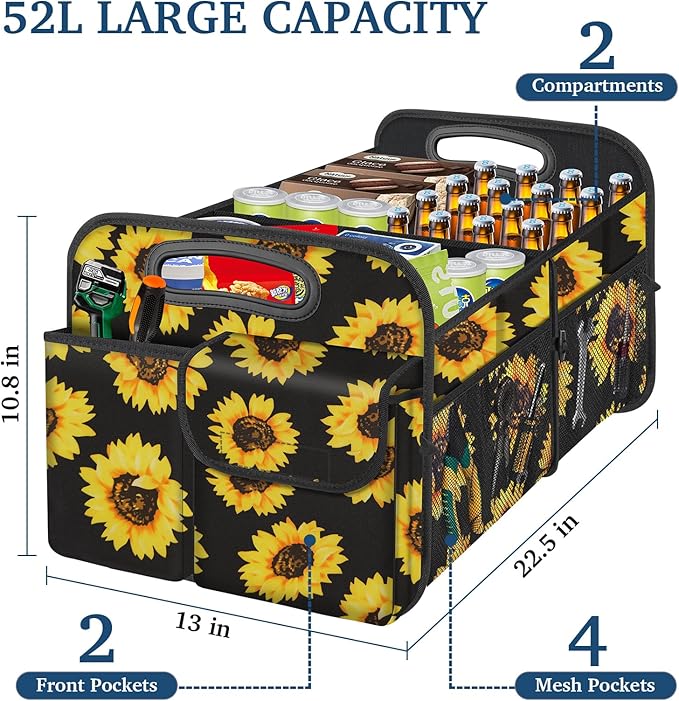 Femuar Car Trunk Organizer, Car Storage Organizer with Large Capacity Waterproof Collapsible Trunk Organizer for Car Suv/Jeep/Sedan (Sunflower, Standard)