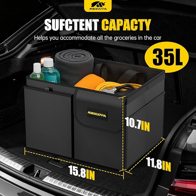 MIKKUPPA Car Trunk Organizer - 35L Collapsible Trunk Organizer with Lid, Sturdy Car Storage for SUV Auto Truck Van (Black, 2Pack)