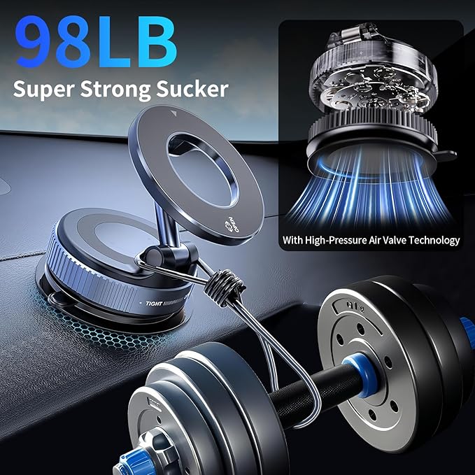 360° Adjustable Vacuum Magnetic Phone Holder [ 96+LBS Suction & 2800gf Magnetic ], Foldable Suction Cup Magnetic Phone Mount for Car, Car Phone Holder for iPhone 17/16/15/14/13/12 Series