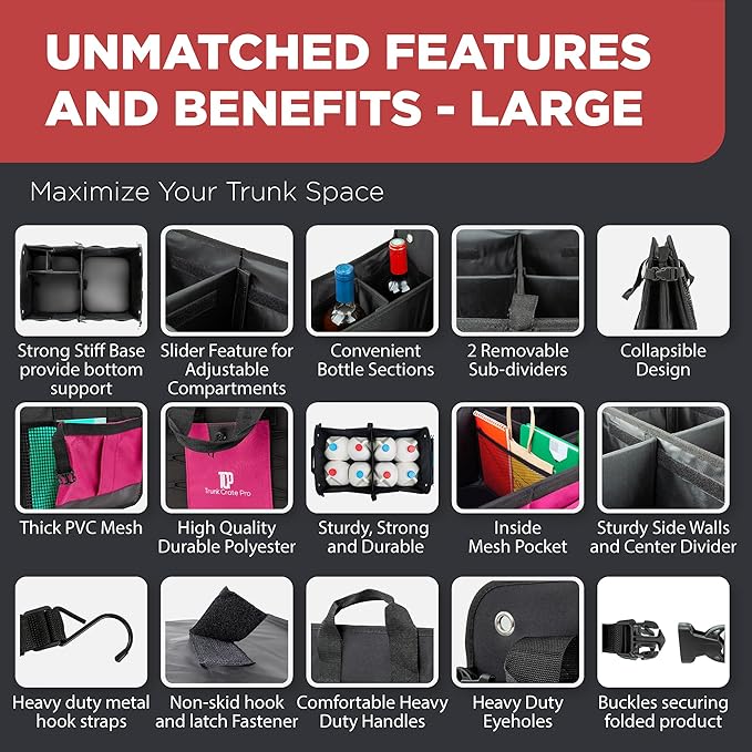 TRUNKCRATEPRO Pink Car Accessories For Women, Trunk Organizer For Car, Suv, Jeep Premium Adjustable Multi Compartments Collapsible (Large Capacity)