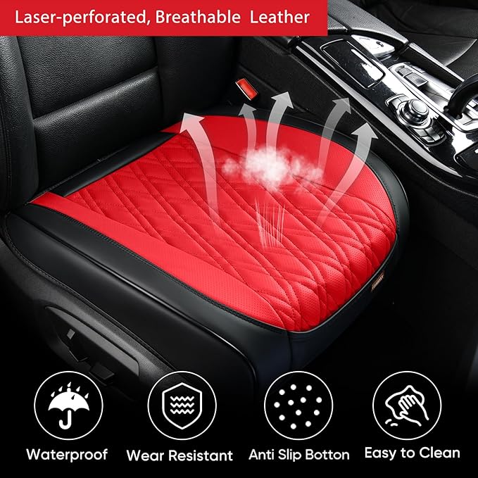 Luxury Faux Leather Car Seat Cover Front Bottom Protector, Seat Cushion Without Backrest, Anti-Slip and Wrap Around The Bottom, Fit Most Cars & Vehicles, 1 Piece, Black&Red