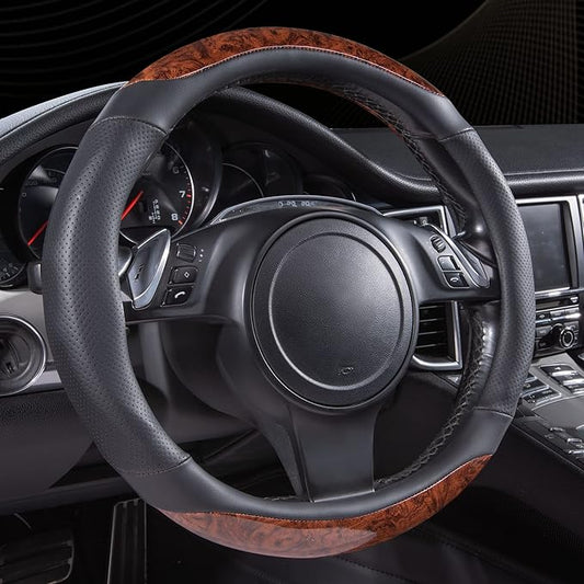 CAR-PASS Wood Grain Microfiber Leather Steering Wheel Cover, 14.5-15 inch Fit for 95% Automotive SUV Truck Sedan, Luxury Premium Rubber Perforated Leather, Non-Slip, (Black)