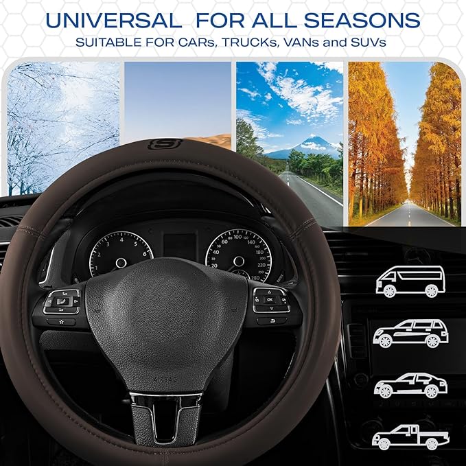 Skechers Memory Foam Steering Wheel Cover,Grade Protein Leather Steering Wheel Cover,Universal Anti-Slip Fit 14" 1/2-15" Car Wheel Cover for Men Women Fit Suvs,Vans,Sedans,Car,Trucks,Brown