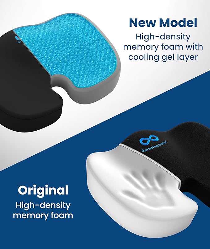 Everlasting Comfort Doctor Recommended Memory Foam Seat Cushion for Office Chairs & Car - Ergonomic Office Desk Accessories - Cushions for Tailbone Pain Relief, Sciatica (Black Cooling, Large)