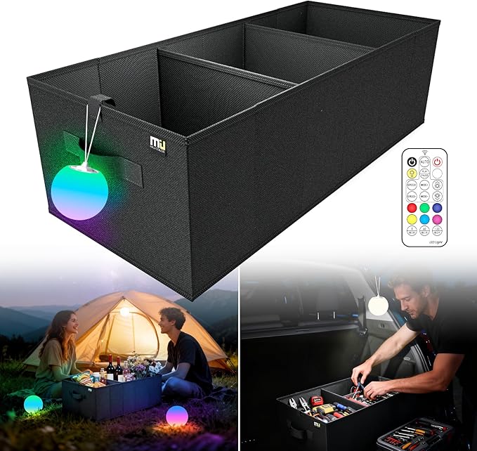 MIU Color Collapsible Trunk Organizer with Rechargeable LED Globe Lights Set for SUV, Camping, Party & Home Storage，Car Accessories for Men, Women