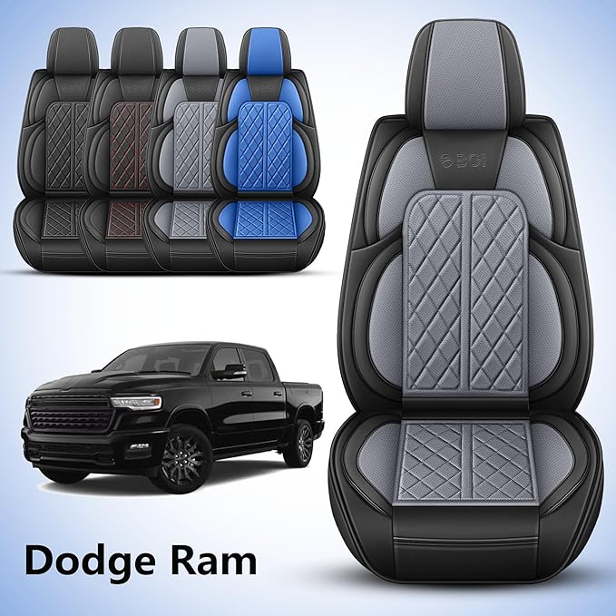 Car Seat Cover Custom Fit for Dodge Ram 1500 2500 3500 2002-2026 Faux Leather Seat Cover Set Compatible with Crew Quad Regular Cab Pickup Truck Cushions (Black & Grey, Full Set, Flat Rear)