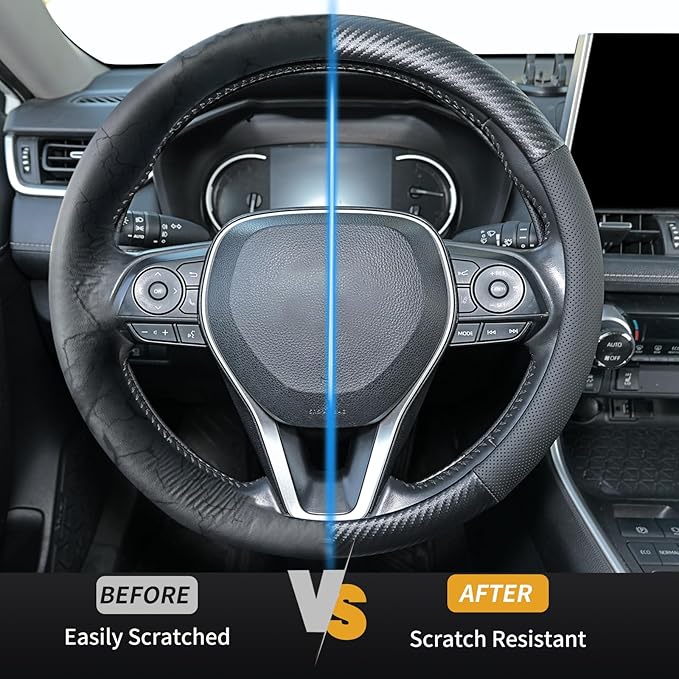 Carbon Fiber Leather Steering Wheel Cover, Universal 14.5–15 Inch Non-Slip Breathable Steering Wheel Cover for Cars, Carbon Fiber