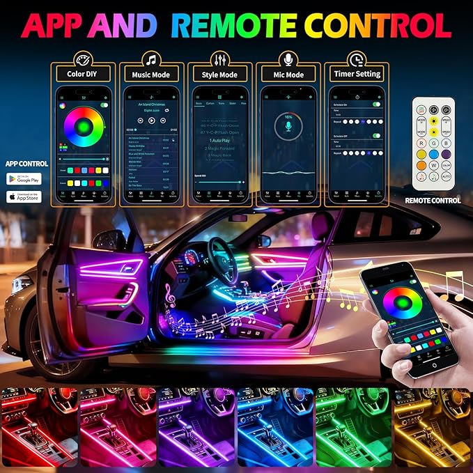Dreamcolor Acrylic Interior Car LED Strip Lights with APP&Remote Control RGB 10 in 1 Ambient Lighting Kits Fiber Optic Strip LEDs Music Sync Car Neon Lights for Cars,SUVs,Trucks
