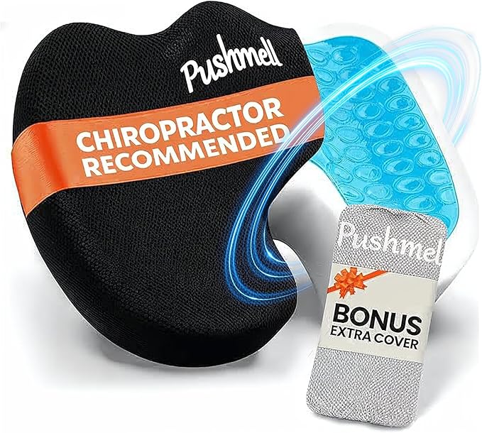 Premium Memory Foam Gel Seat Cushion for Tailbone, Coccyx, Back & Sciatica Pain Relief – Fits 17.5” x 14” Seats, Ergonomic Office Chair Cushions for Desk, Home, Car – Includes Bonus Extra Cover