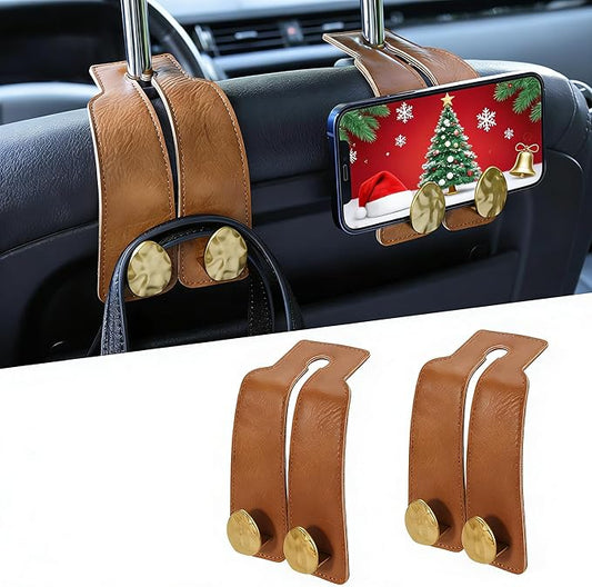 2PCS Leather Car Seat Hooks for Headrest, Vehicle Hanger Storage Organizer Universal for Handbag Purse, Car Accessories Gift (Brown-Gold)