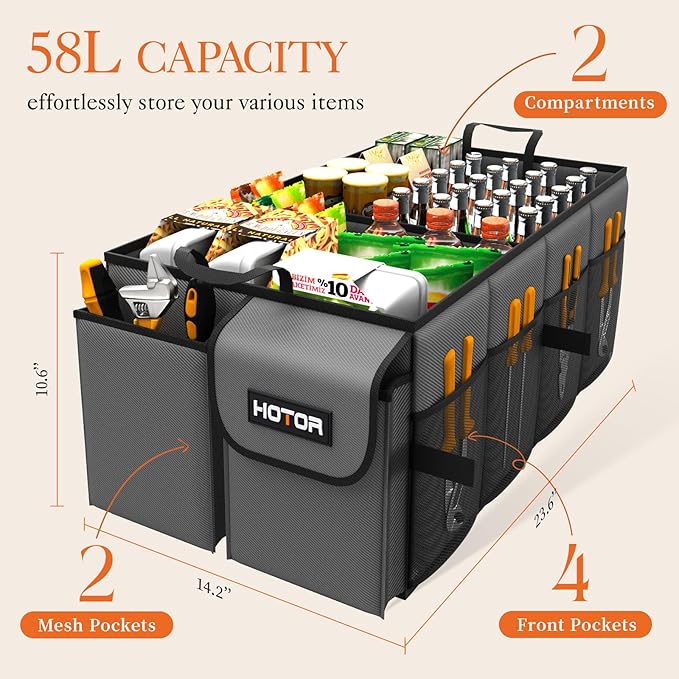 HOTOR Foldable Trunk Organizer - SUV & Sedan Compatible, Sturdy 2-Compartment Grey Car Accessory Organizer, 23.6"14.2"10.6"