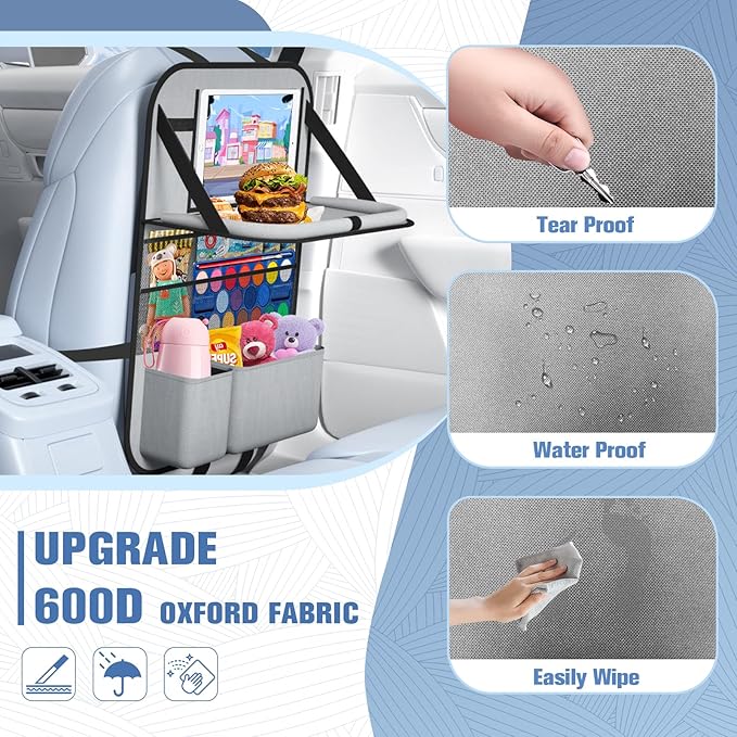 2PACK-Car Backseat Organizer with Touch Screen Tablet Holder,9 Storage Pockets Storage Organizer with Foldable Food Tray, Protector Kick Mats for Kids, Travel Accessories Organizer (Grey)