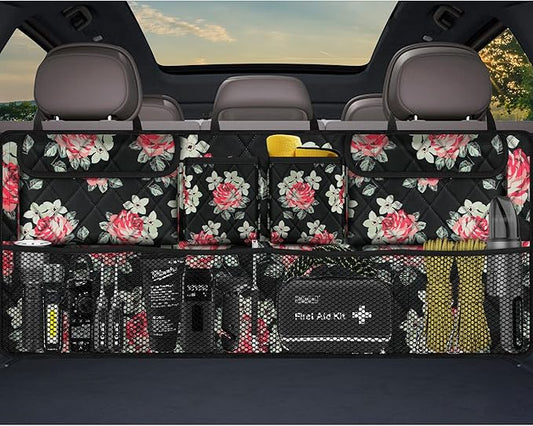 Femuar Car Trunk Organizer,Large Capacity Backseat Trunk Organizer(42"*18"),Collapsible Car Storage Bag with 8 Pocekt,Car Organizer for SUV/MPV/Truck - Floral