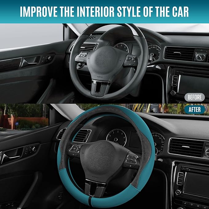 PIC AUTO Steering Wheel Cover, Black Patterned & Blue Leather Patchwork Design, Universal Fit 14.5"–15.5", Anti-Slip, Odor-Free, Soft PU Grain Leather, Durable Grip Car Accessory for Girls & Women