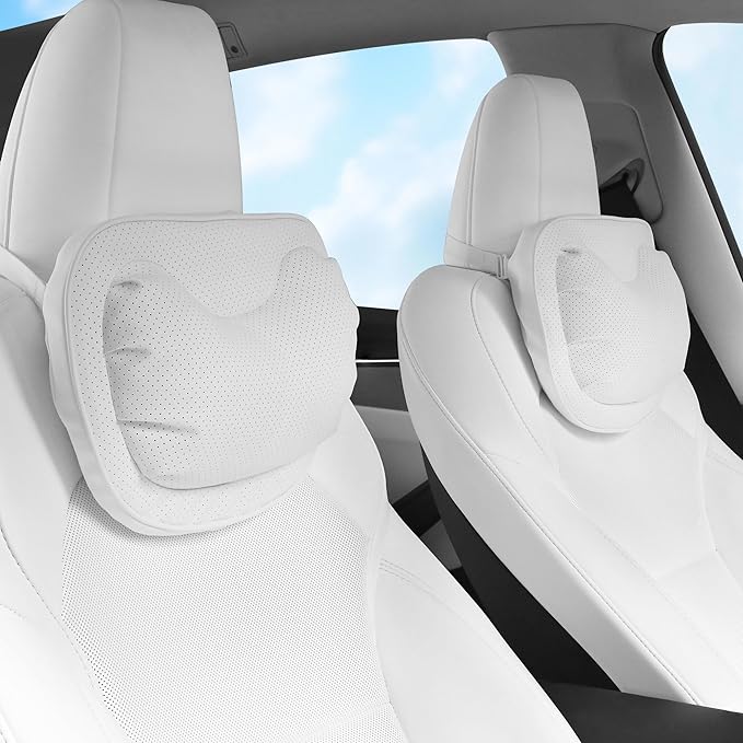 Car Neck Pillow [No More Pressure] Soft Comfortable Premium Leather Headrest with Adjustable Strap – Ergonomic Support for Driving, Office & Gaming, White, 2 Pack